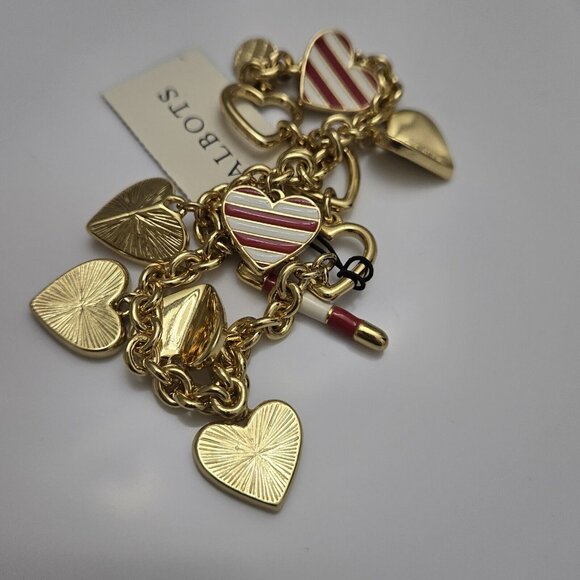 Talbots Charm Bracelet Red Stripe Hearts Gold Tone Toggle Valentine's Day Cute - Picture 4 of 8
